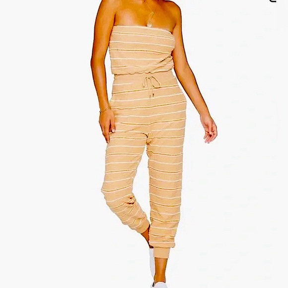 NWT LSPACE NORTH SHORE STRAPLESS TAN PINK CRM STRIPE JUMPSUIT POCKETS SIZE LARGE - Picture 5 of 11